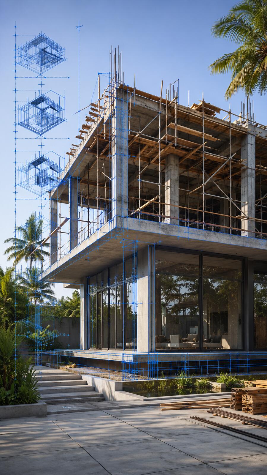 Obra em construção com sobreposição técnica de projeto e etapas do processo