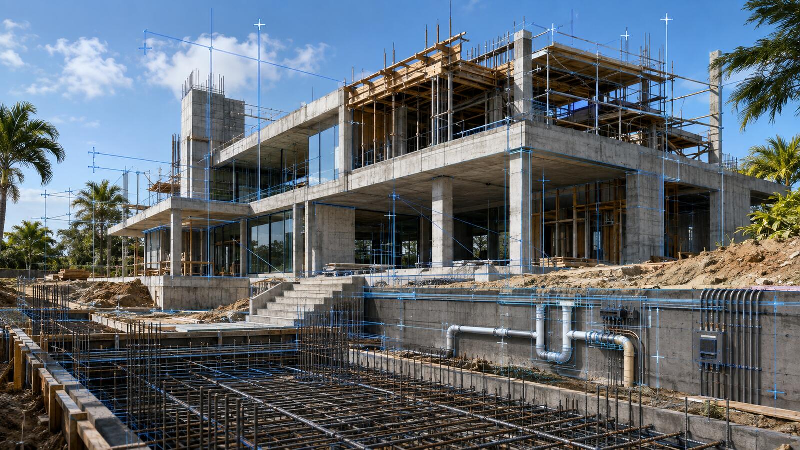 Obra em construção com sobreposição técnica destacando instalações e estrutura
