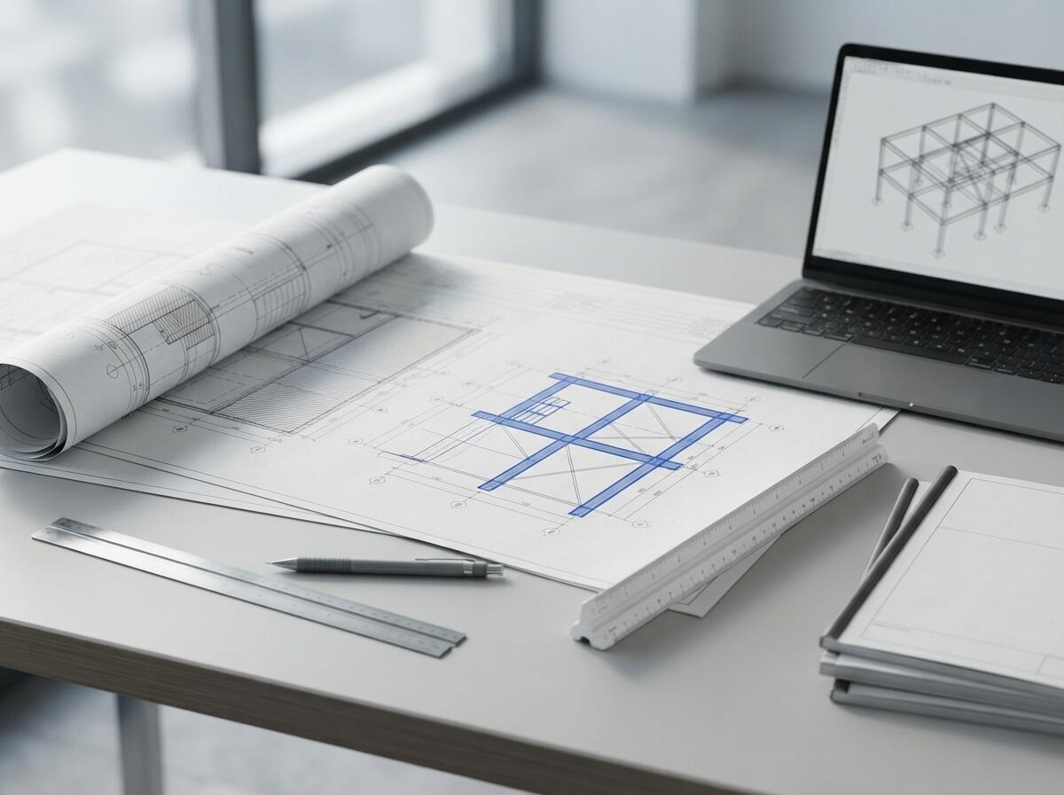 Prancha de projeto estrutural e modelo digital em estação de trabalho