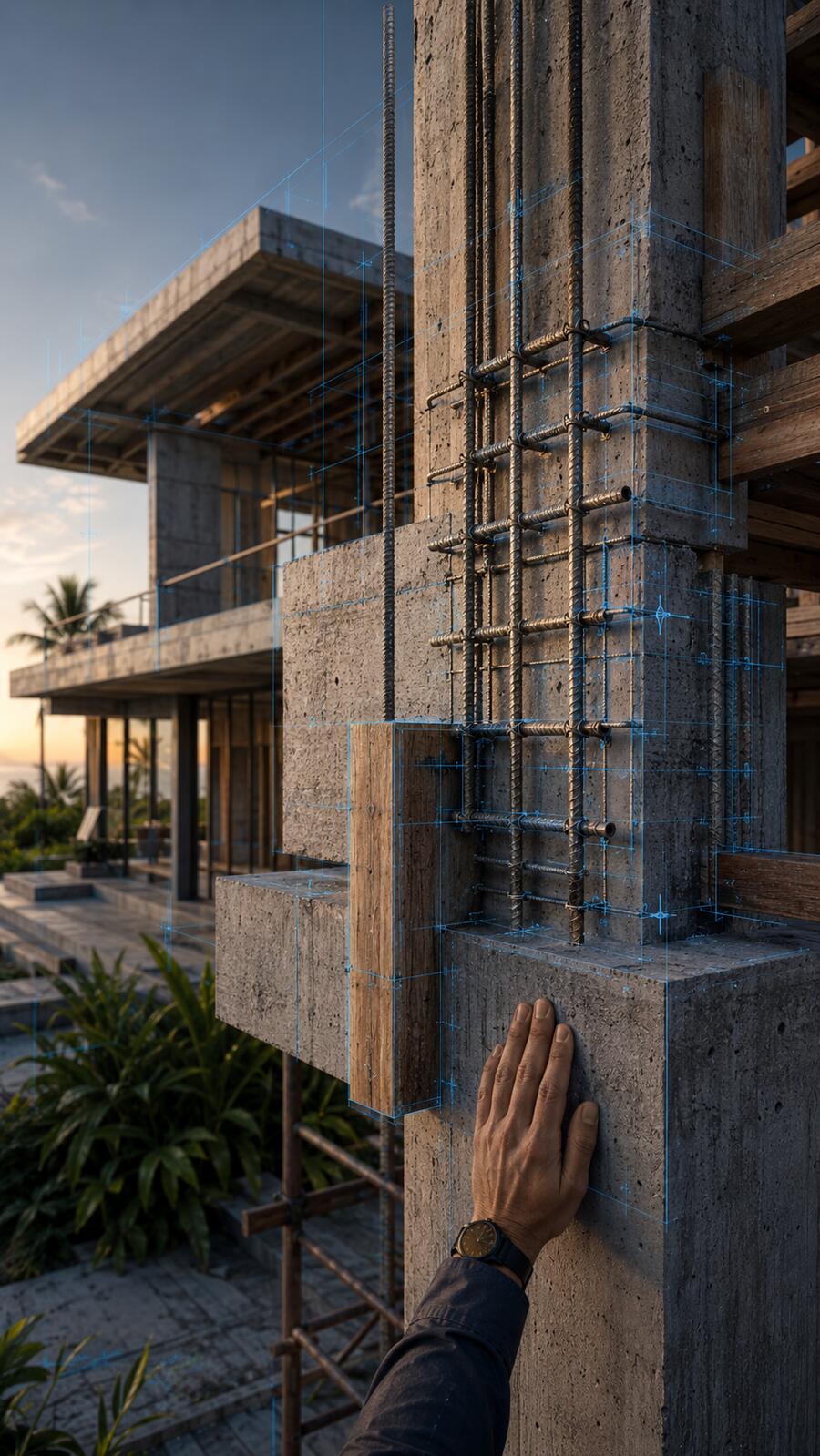 Engenheiro acompanhando obra em construção com sobreposição técnica de projeto