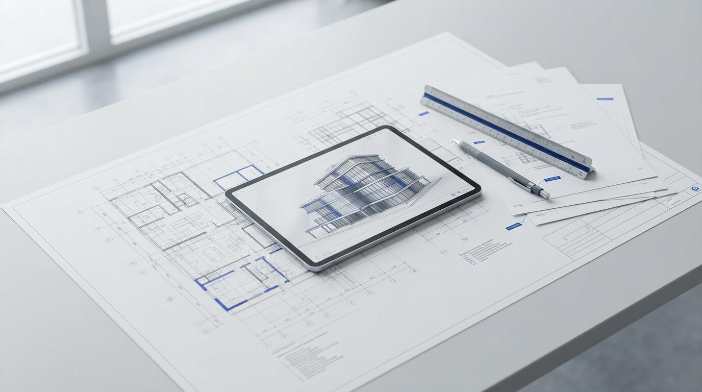 Modelo 3D de edificação sobre planta baixa impressa